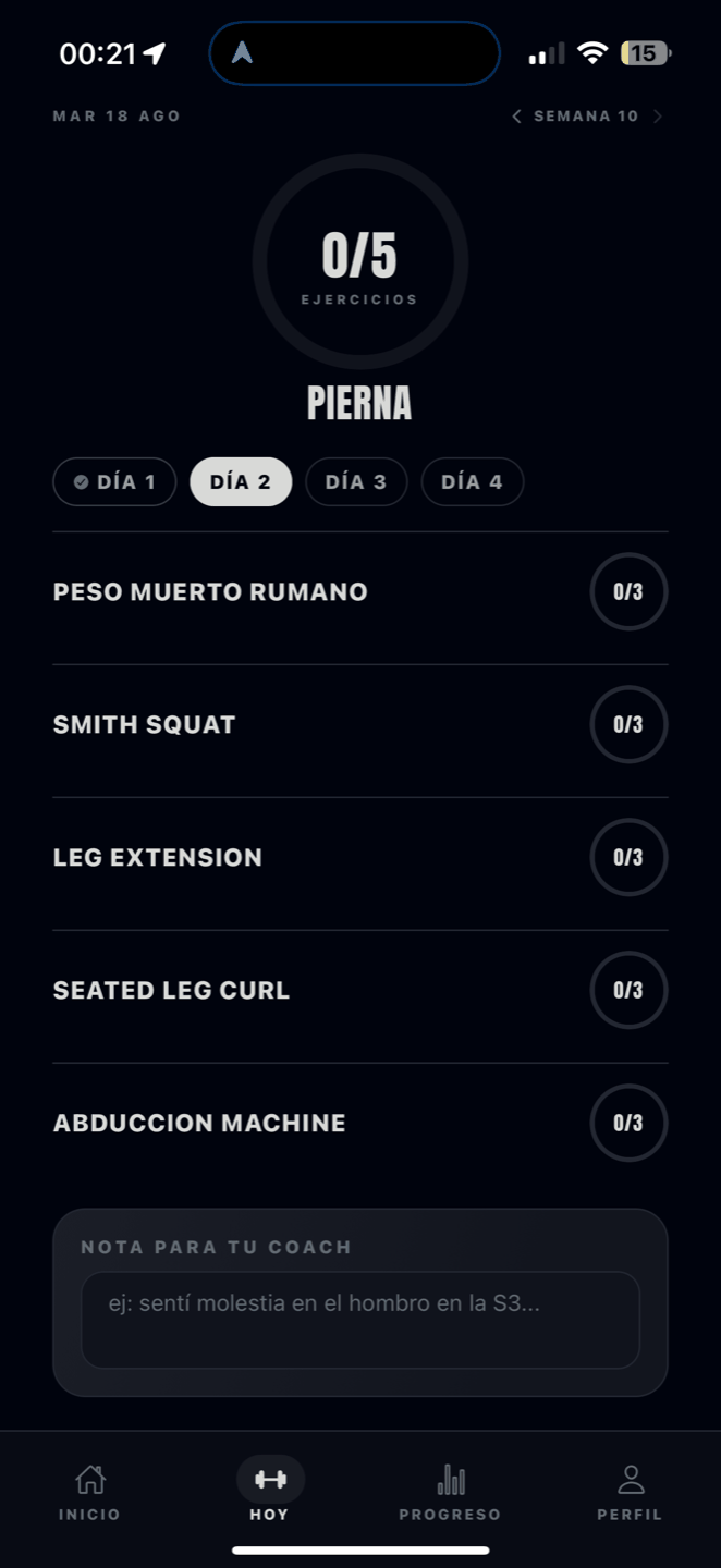 La pantalla de hoy en la app del alumno, con sus ejercicios y las series registradas